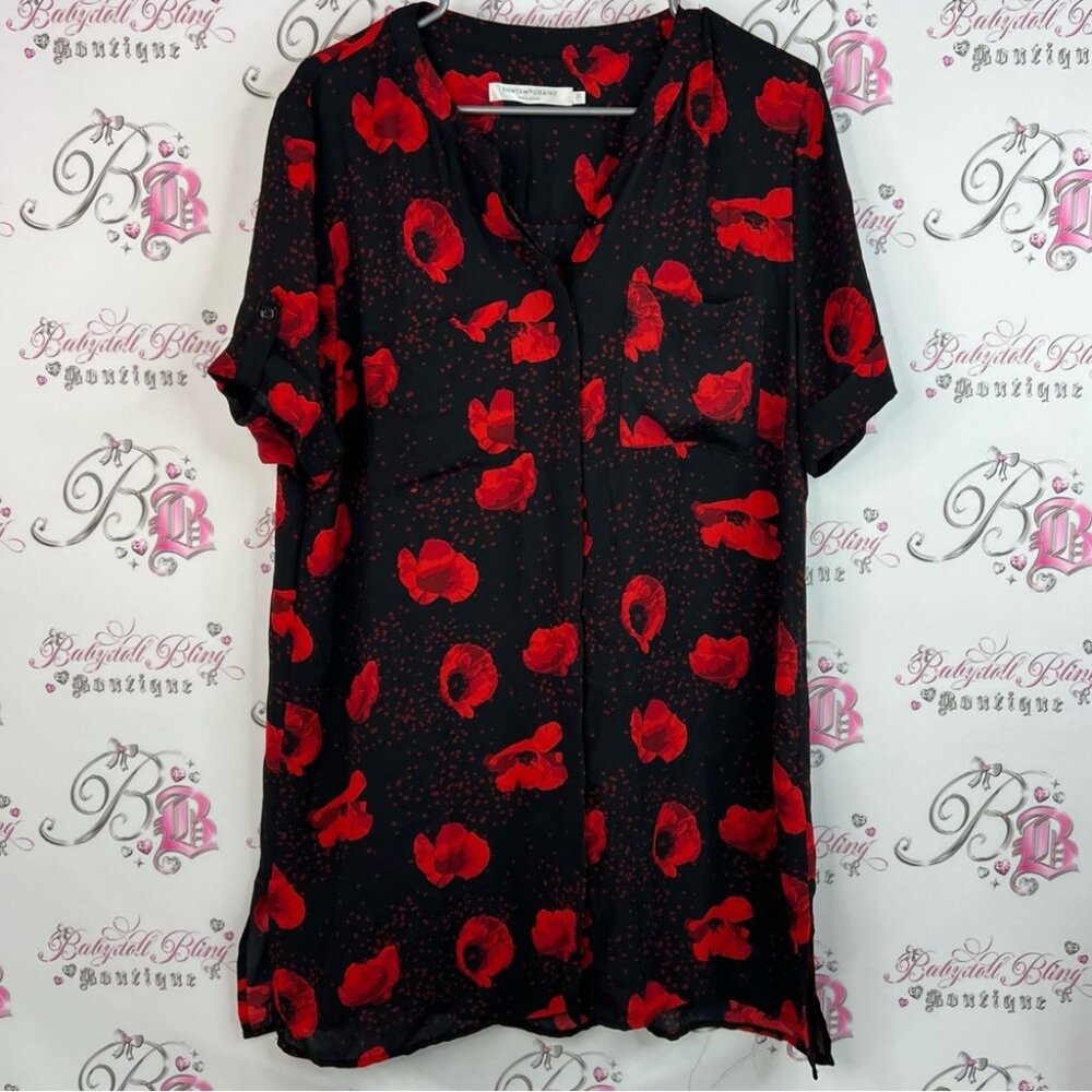 Contemporaine par Simon’s dress poppy poppies Stylish Red and Black Women's Top